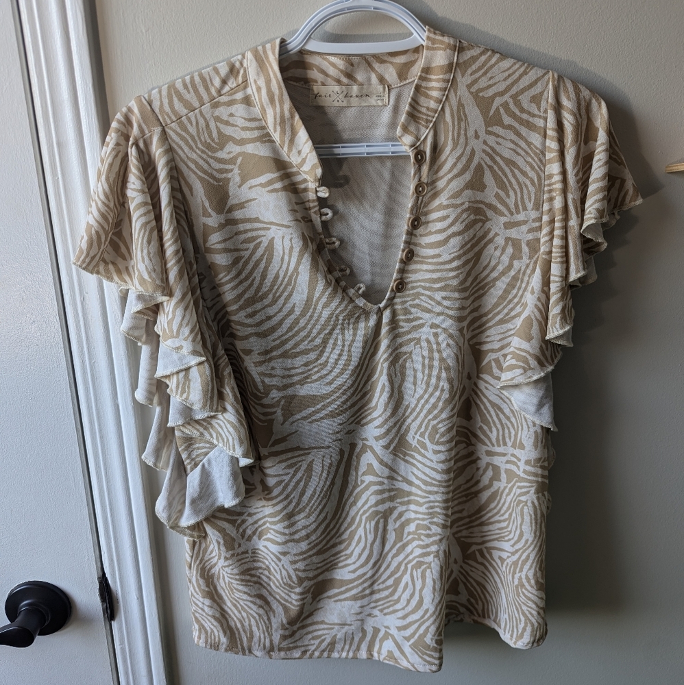 Elegant Beige Patterned Ruffle Sleeve Blouse